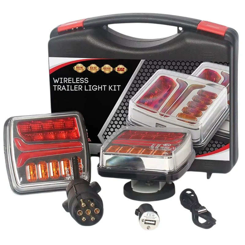 Kit luci wireless per rimorchio da 12 V con montaggio magnetico e connettore a 7 poli.