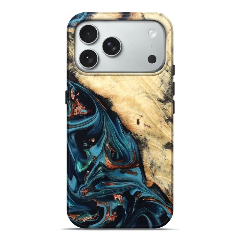 iPhone 18 Pro Max Wood Live Edge Phone Case - Koda (Teal & Gold, 830276)