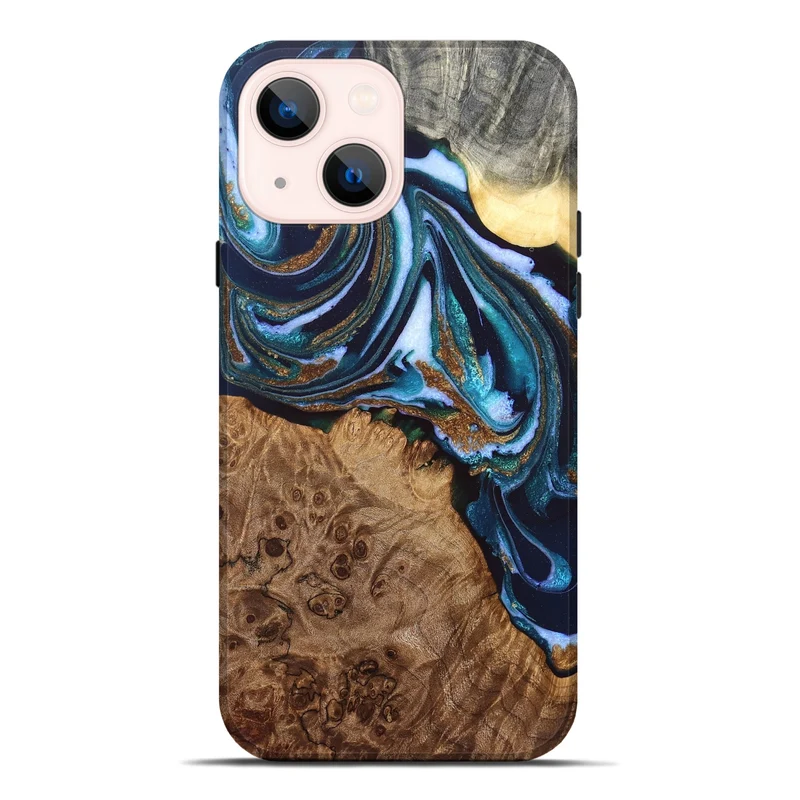 iPhone 14 Plus Wood Live Edge Phone Case - Hassan (Teal & Gold, 830273)