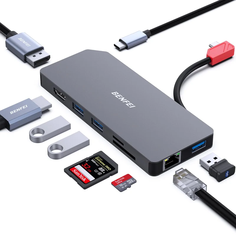 BENFEI 9in1 USB C MST Laptop Docking Station, USB-C Hub with USB-C to HDMI DisplayPort Dual Monitor/3*USB Type-A/1*USB Type-C(10Gbps+100W PD)/SD/TF Card Reader/1*RJ45