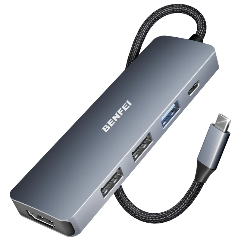 BENFEI 5in1 USB C Hub with 4K HDMI, 3 USB-A, 100W Power Delivery, Silicone and Woven Design Cable, Aluminum Case