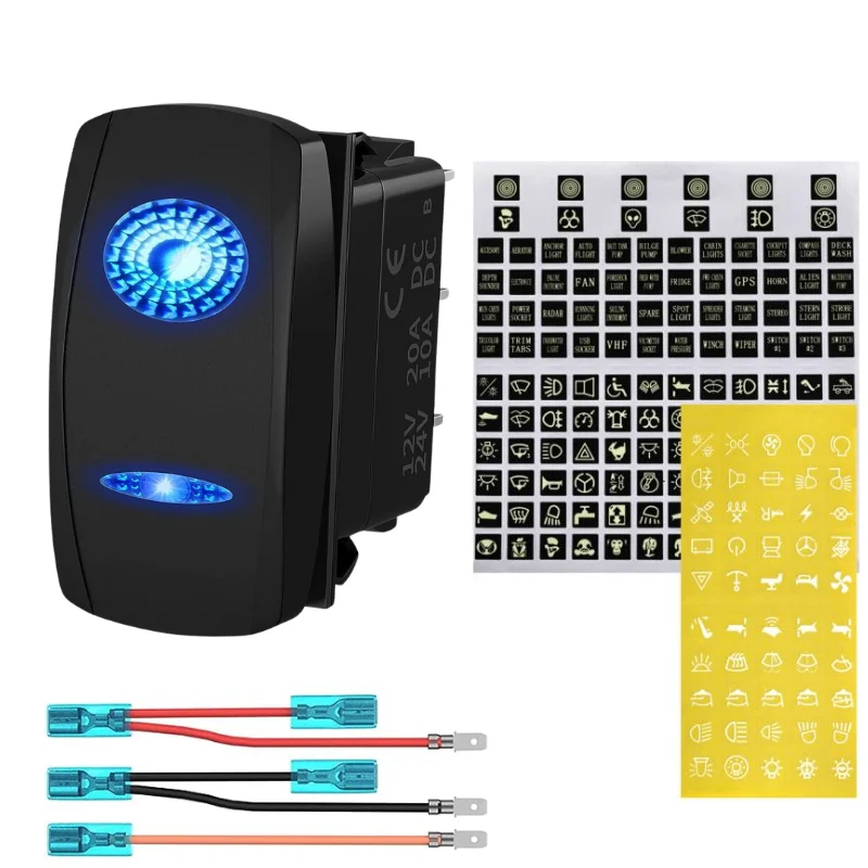Interruttore a bilanciere rettangolare con LED blu e icone adesive