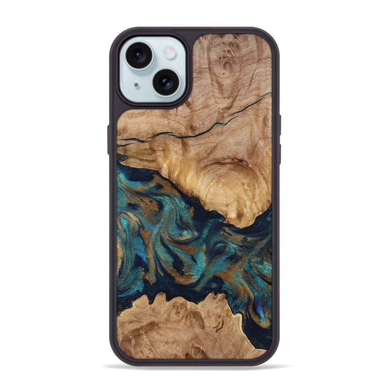 iPhone 15 Plus Wood Phone Case - Makaila (Teal & Gold, 829711)