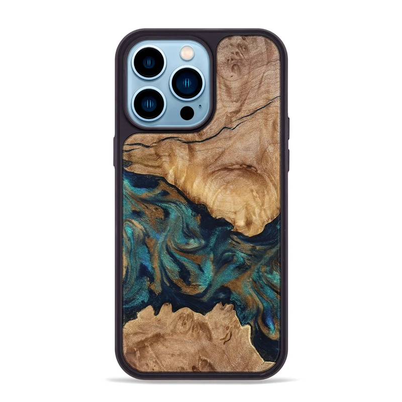 iPhone 14 Pro Max Wood Phone Case - Makaila (Teal & Gold, 829711)