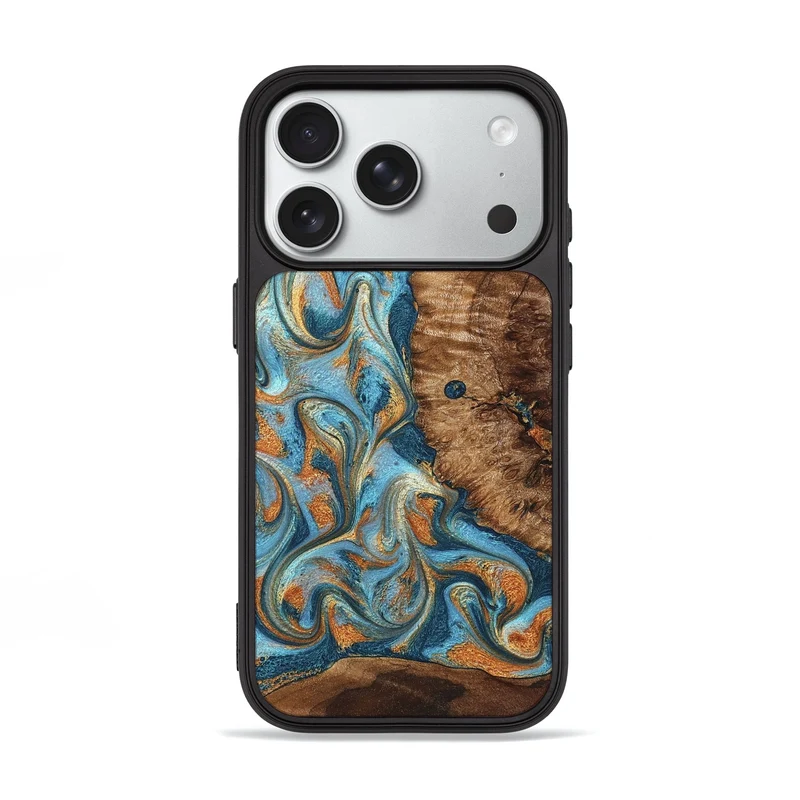 iPhone 18 Pro Wood Phone Case - Colter (Teal & Gold, 829707)