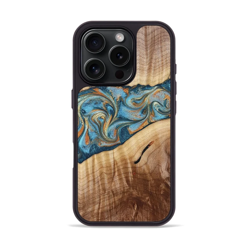 iPhone 16 Pro Wood Phone Case - Tyrese (Teal & Gold, 829704)