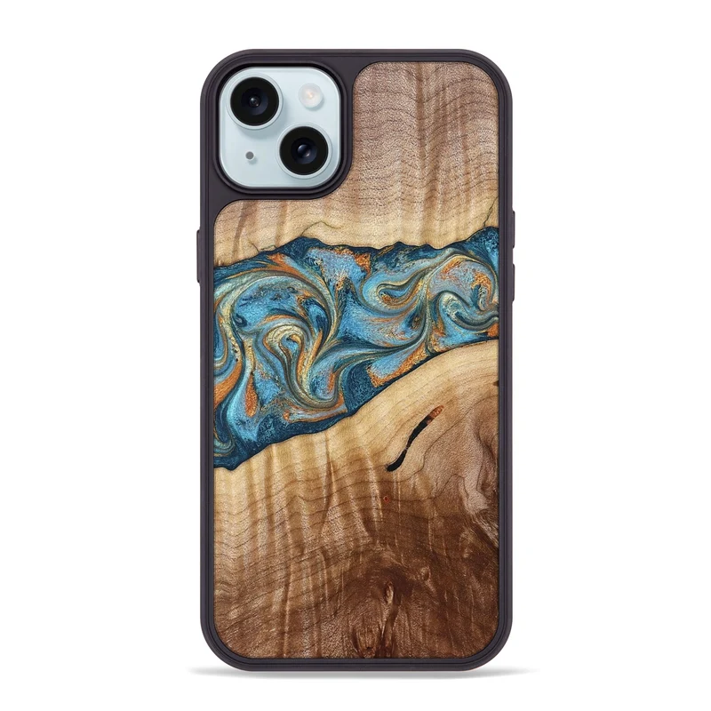 iPhone 15 Plus Wood Phone Case - Tyrese (Teal & Gold, 829704)