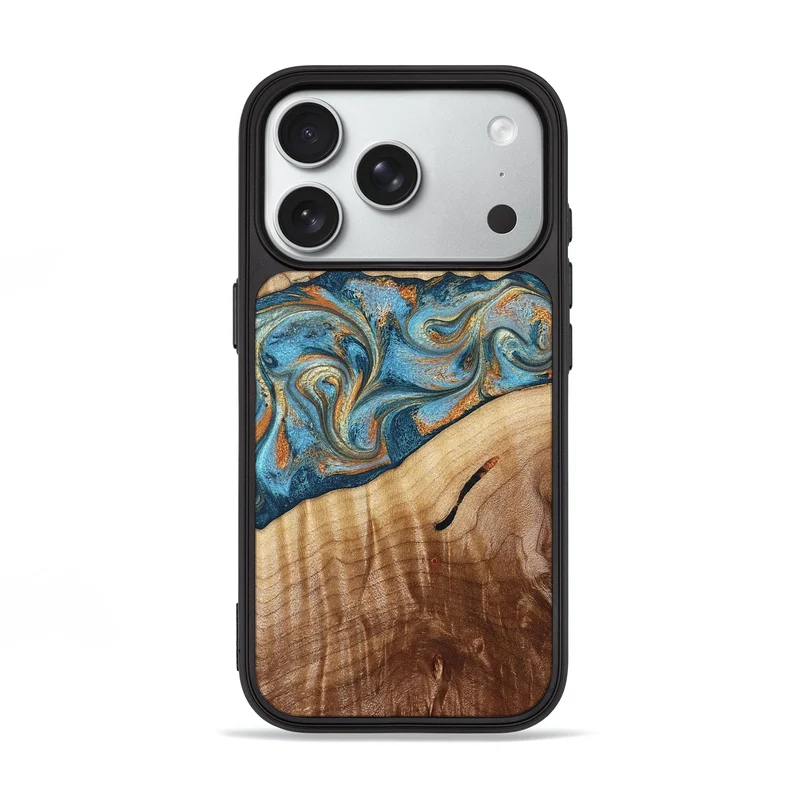 iPhone 18 Pro Wood Phone Case - Tyrese (Teal & Gold, 829704)