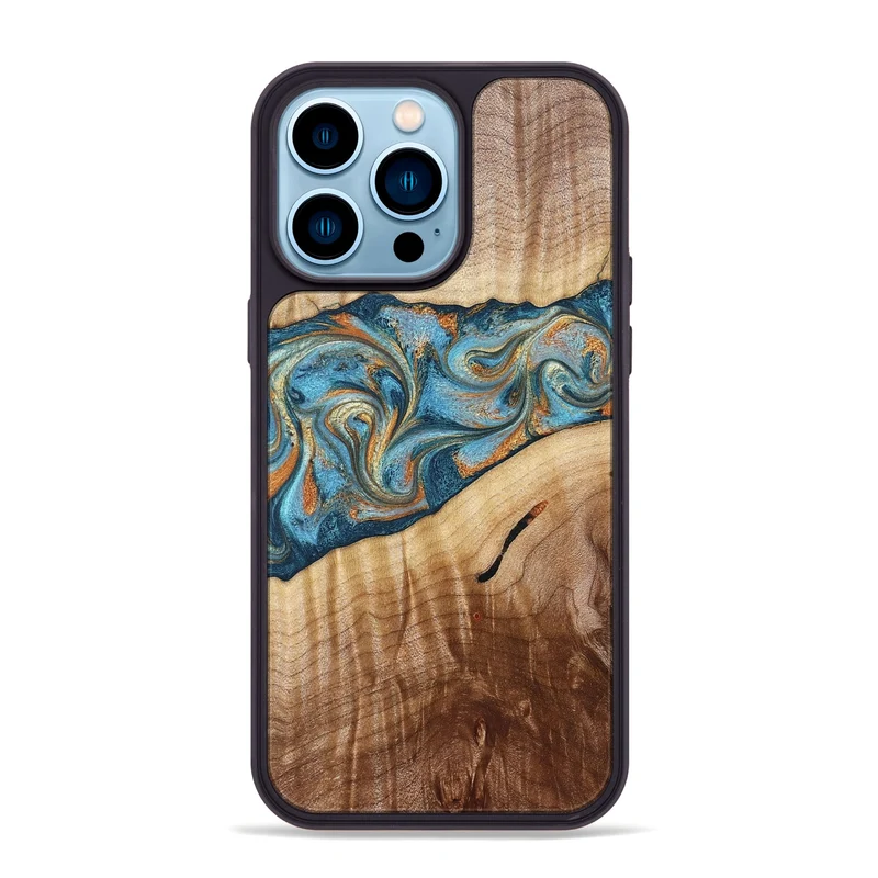 iPhone 14 Pro Max Wood Phone Case - Tyrese (Teal & Gold, 829704)