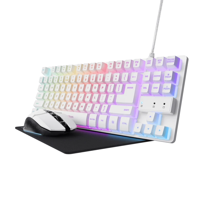 Trust 3-in-1 GXT 794W tastiera compatta TKL mouse wireless illuminato e tappetino per mouse
