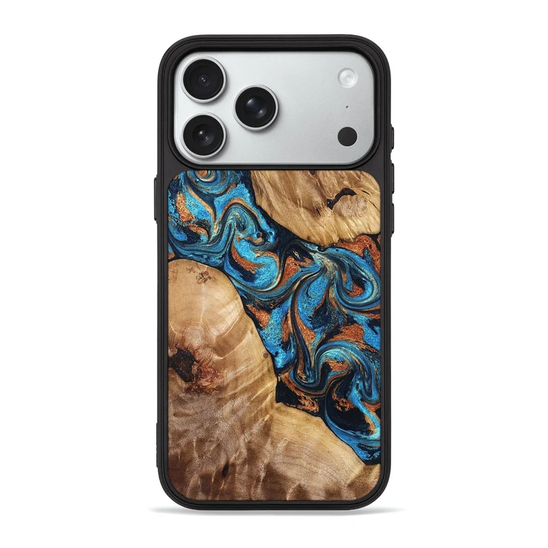 iPhone 18 Pro Max Wood Phone Case - Erna (Teal & Gold, 829686)