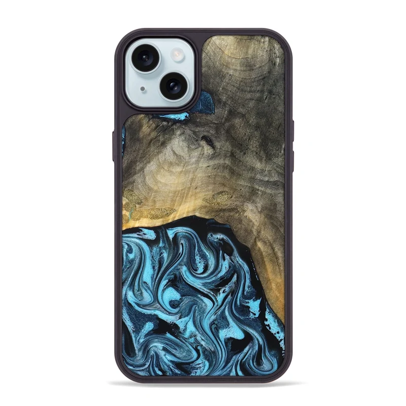 iPhone 15 Plus Wood Phone Case - Izael (Blue, 829669)