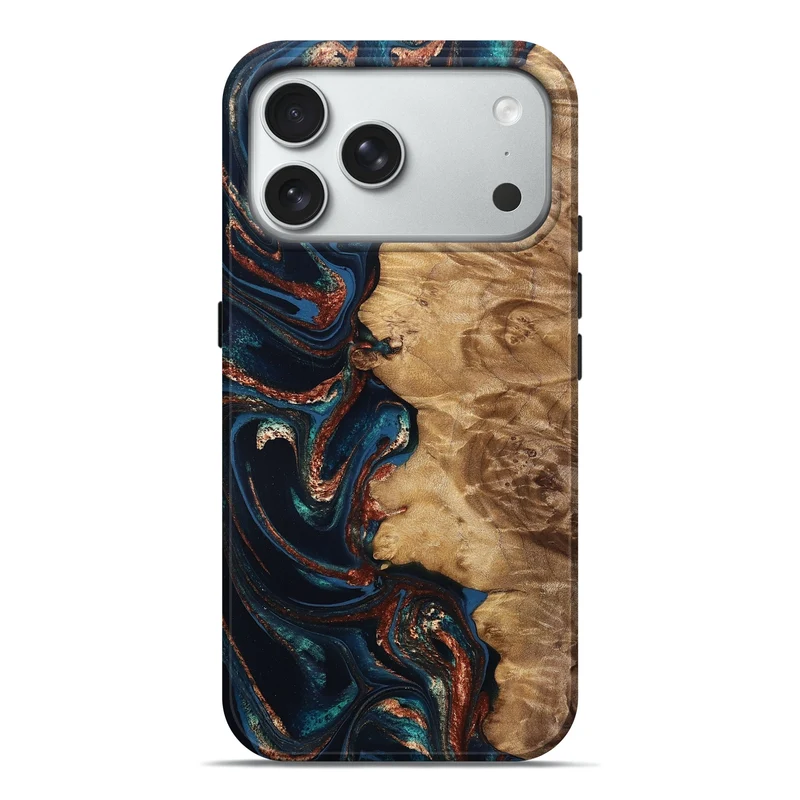 iPhone 18 Pro Max Wood Live Edge Phone Case - Verdie (Teal & Gold, 829491)