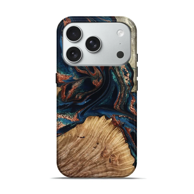 iPhone 18 Pro Wood Live Edge Phone Case - Kaya (Teal & Gold, 829496)
