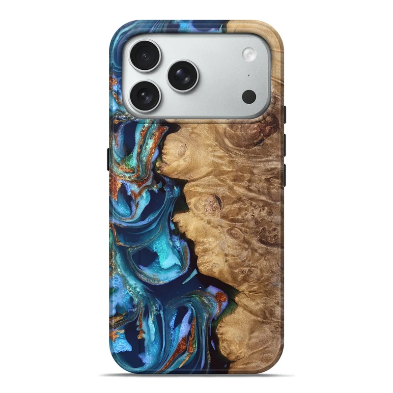 iPhone 18 Pro Max Wood Live Edge Phone Case - Castiel (Teal & Gold, 829273)