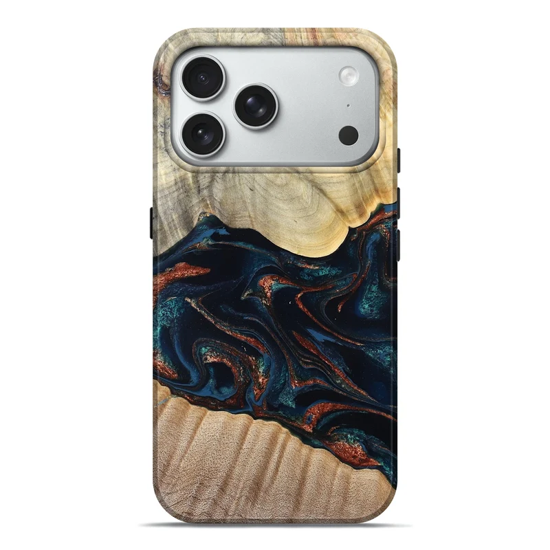 iPhone 18 Pro Max Wood Live Edge Phone Case - Coleen (Teal & Gold, 829495)