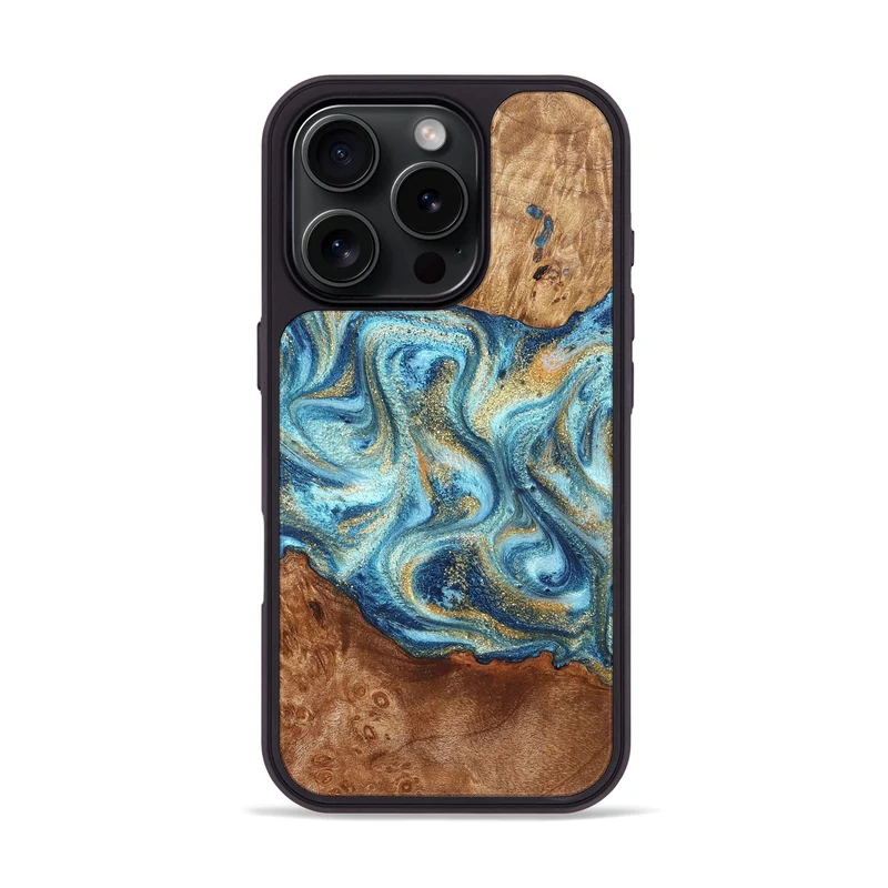 iPhone 16 Pro Wood Phone Case - Doug (Teal & Gold, 829410)