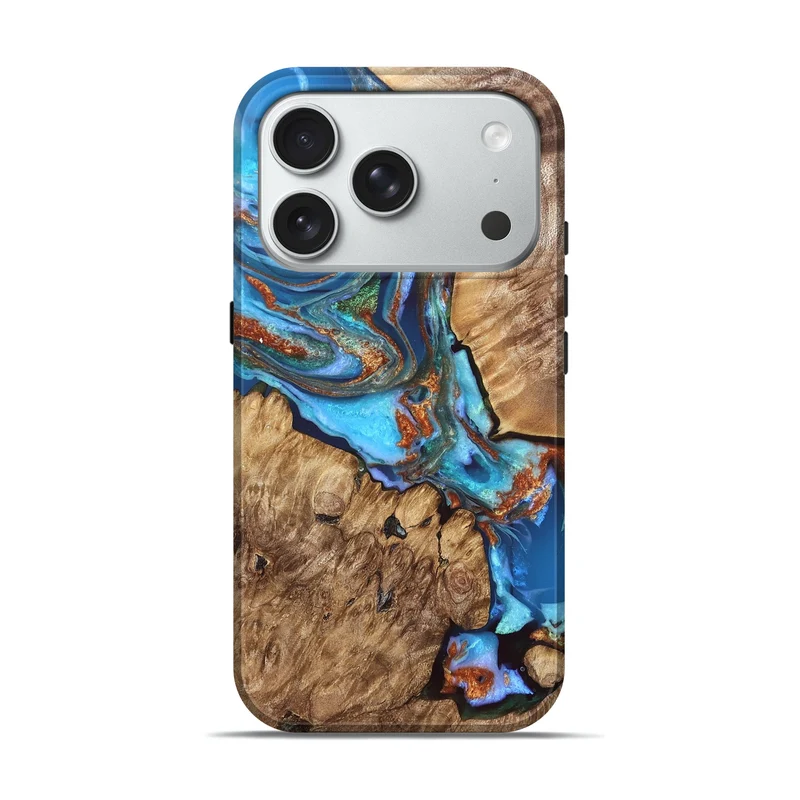 iPhone 18 Pro Wood Live Edge Phone Case - Maleah (Teal & Gold, 829282)