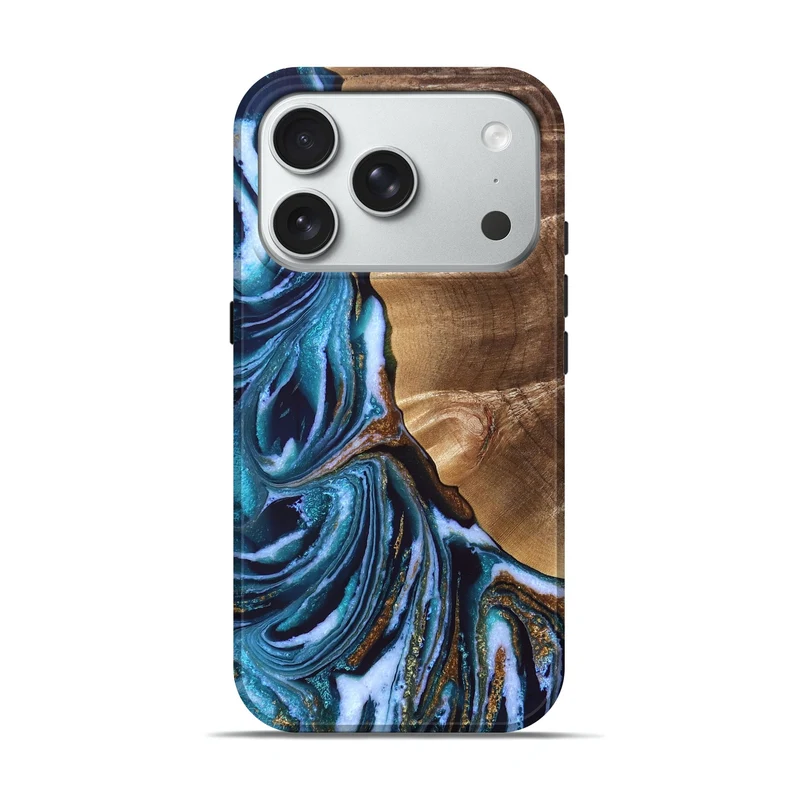 iPhone 18 Pro Wood Live Edge Phone Case - Finis (Teal & Gold, 829281)