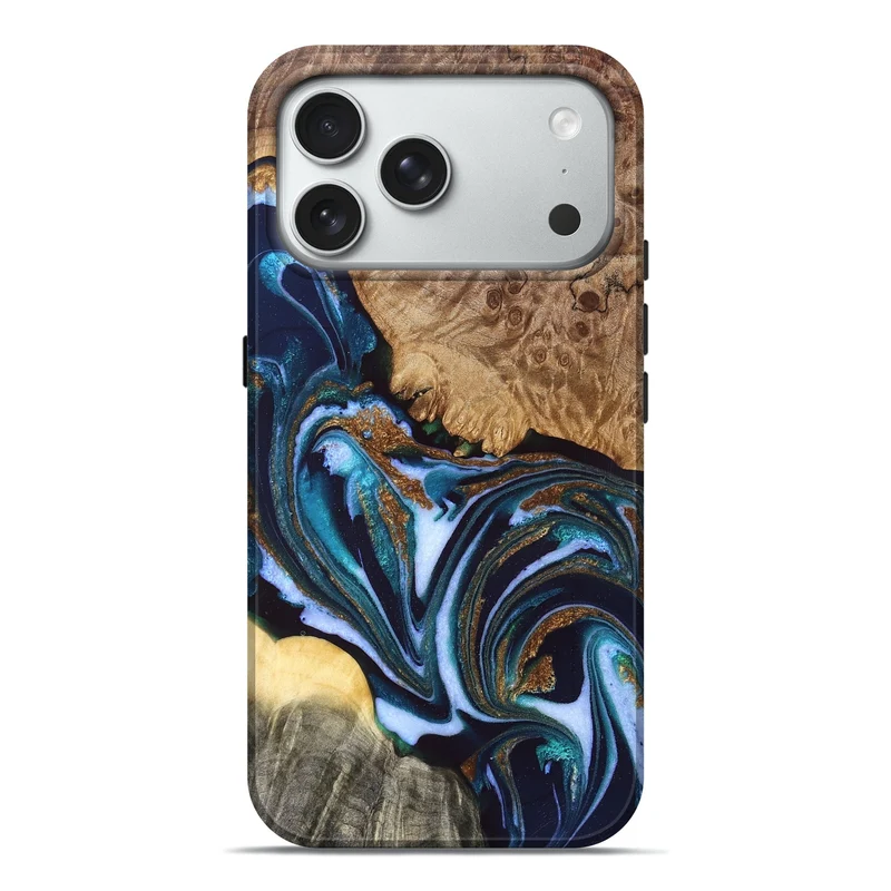 iPhone 18 Pro Max Wood Live Edge Phone Case - Marisa (Teal & Gold, 829265)