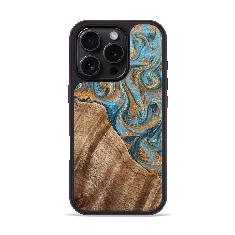 iPhone 16 Pro Wood Phone Case - Marylou (Teal & Gold, 829445)