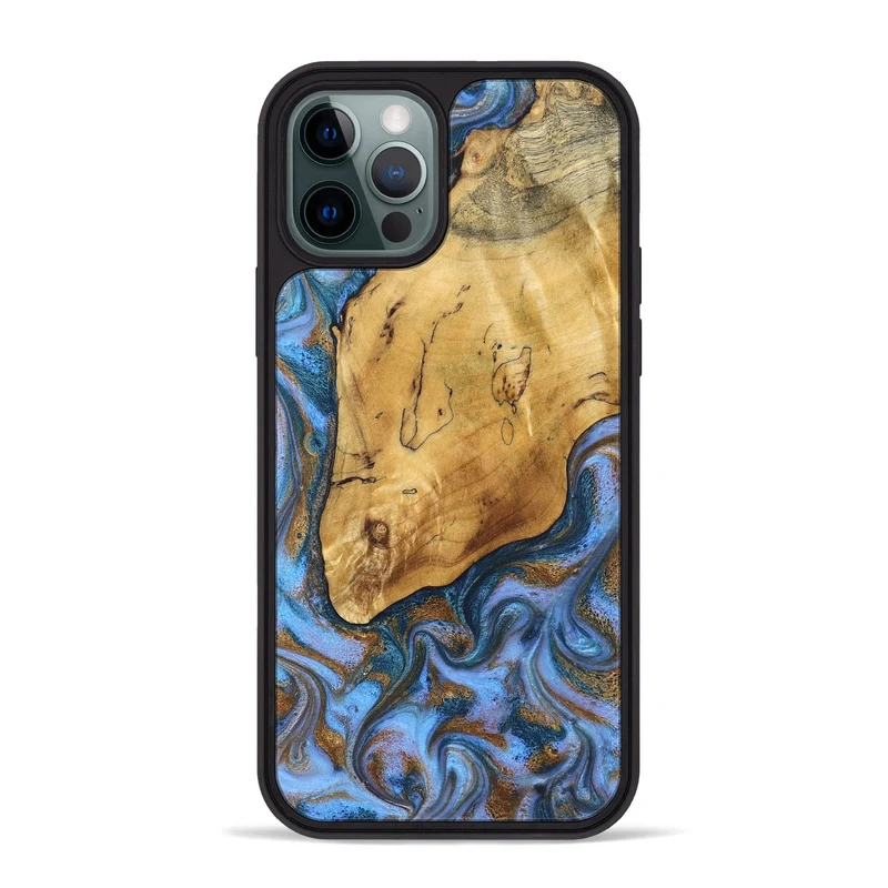 iPhone 12 Pro Max Wood Phone Case - Tristen (Teal & Gold, 829446)