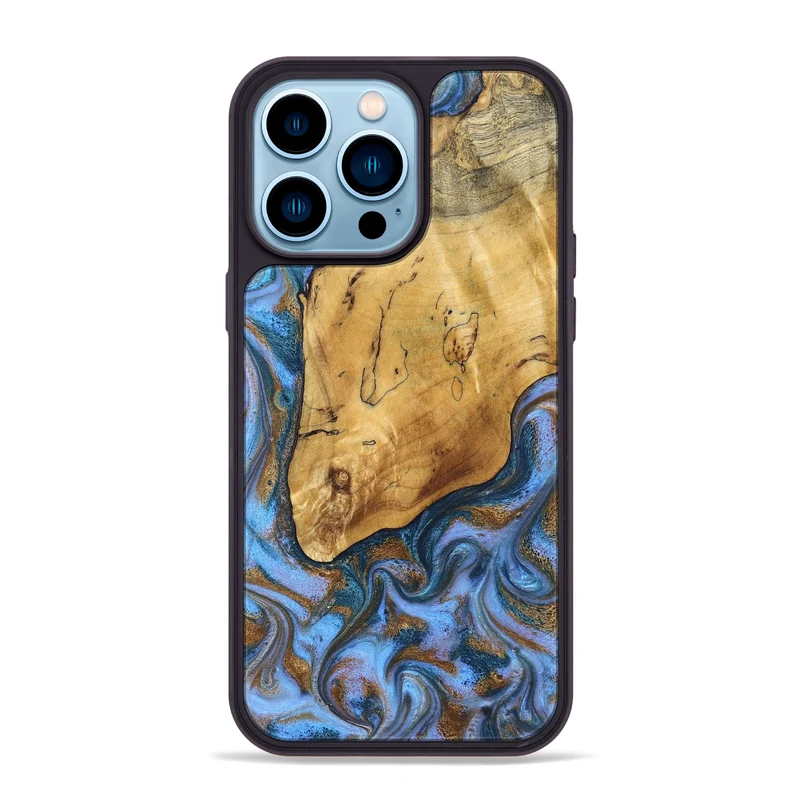iPhone 14 Pro Max Wood Phone Case - Tristen (Teal & Gold, 829446)