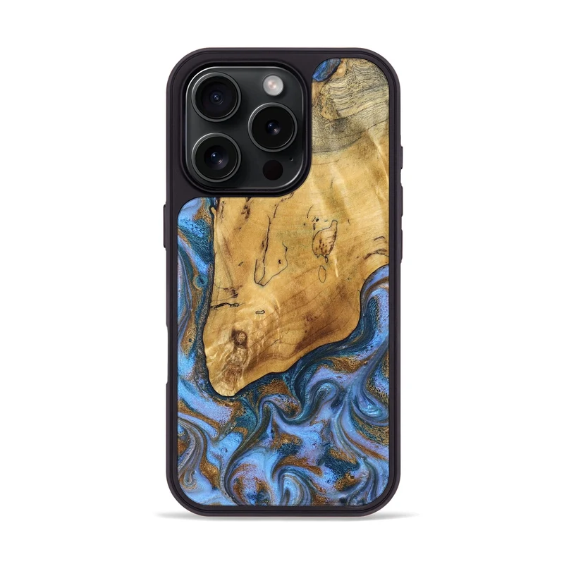 iPhone 16 Pro Wood Phone Case - Tristen (Teal & Gold, 829446)