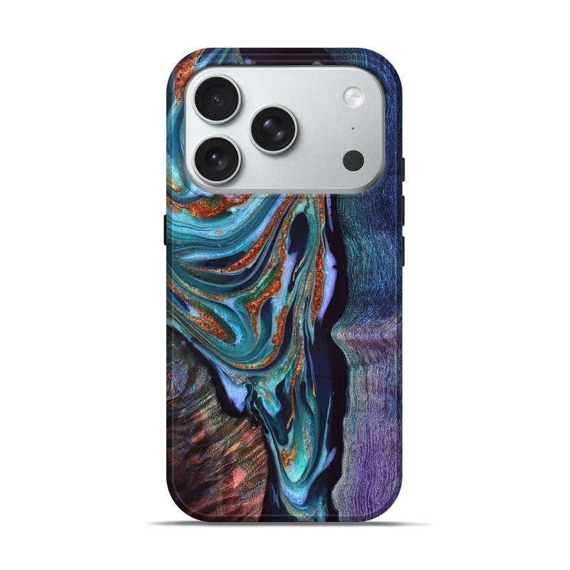 iPhone 18 Pro Wood Live Edge Phone Case - Caspian (Teal & Gold, 829264)