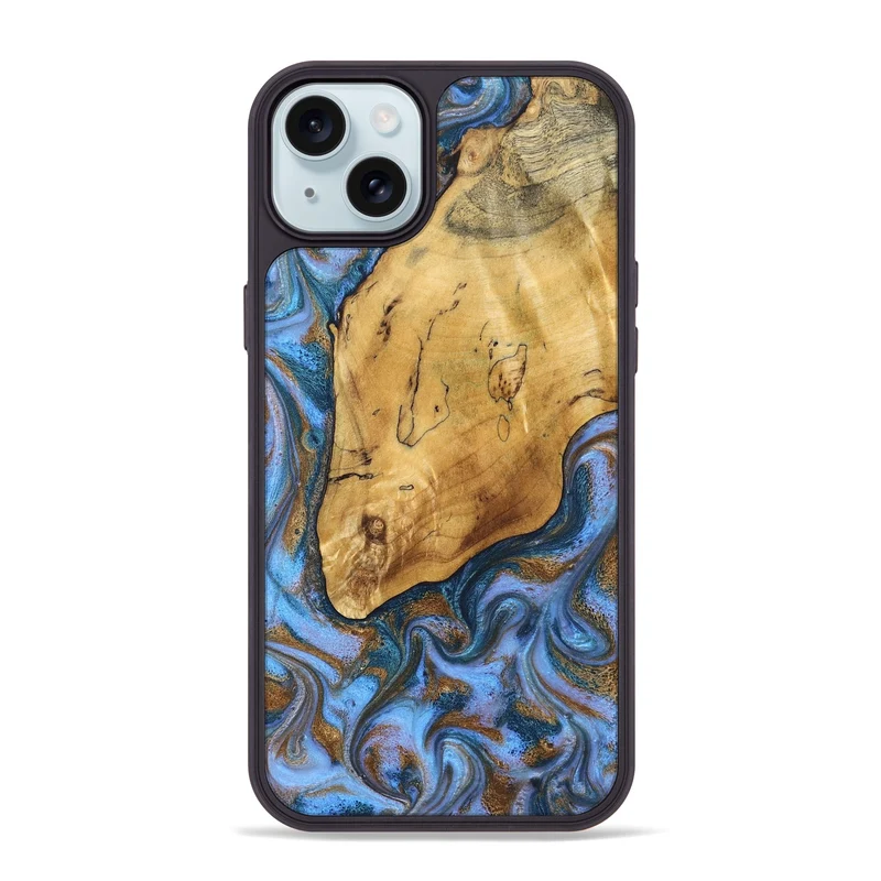 iPhone 15 Plus Wood Phone Case - Tristen (Teal & Gold, 829446)