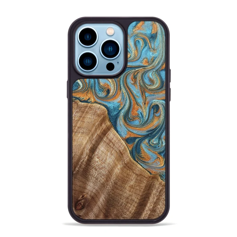 iPhone 14 Pro Max Wood Phone Case - Marylou (Teal & Gold, 829445)