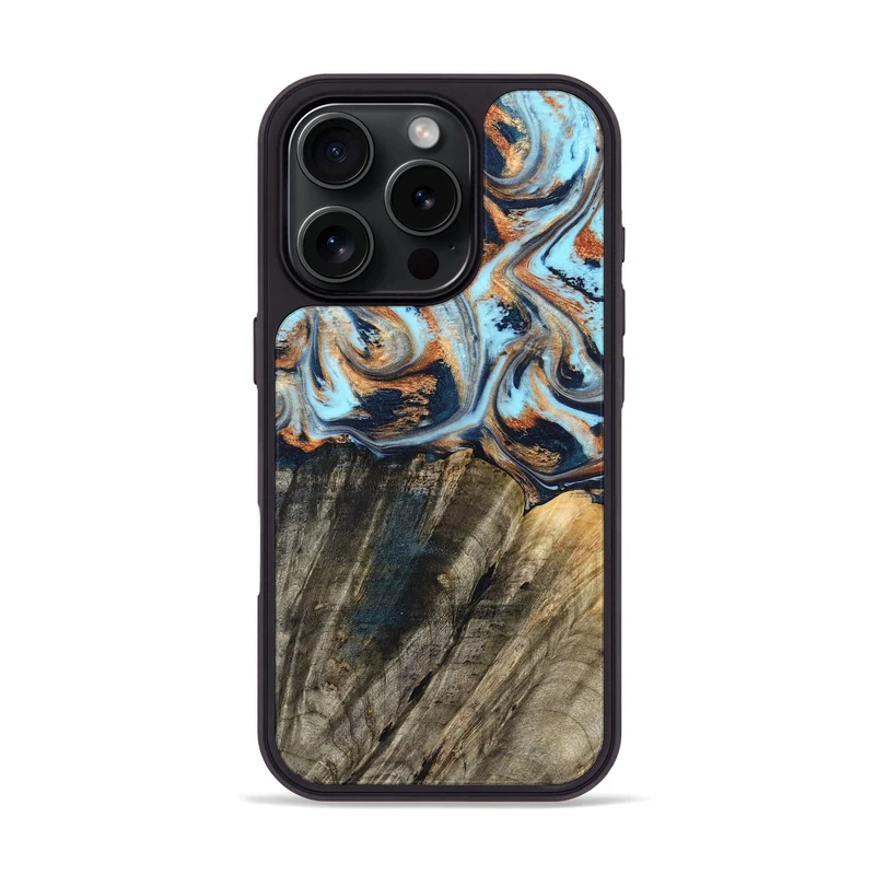 iPhone 16 Pro Wood Phone Case - Debra (Teal & Gold, 829443)
