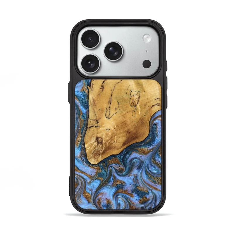 iPhone 18 Pro Wood Phone Case - Tristen (Teal & Gold, 829446)