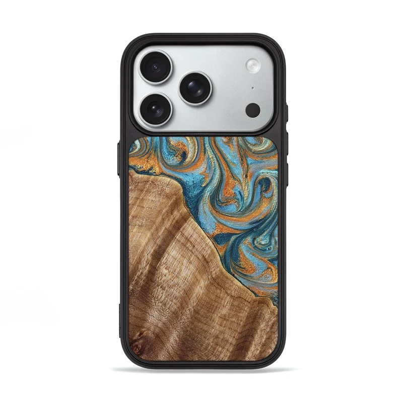 iPhone 18 Pro Wood Phone Case - Marylou (Teal & Gold, 829445)