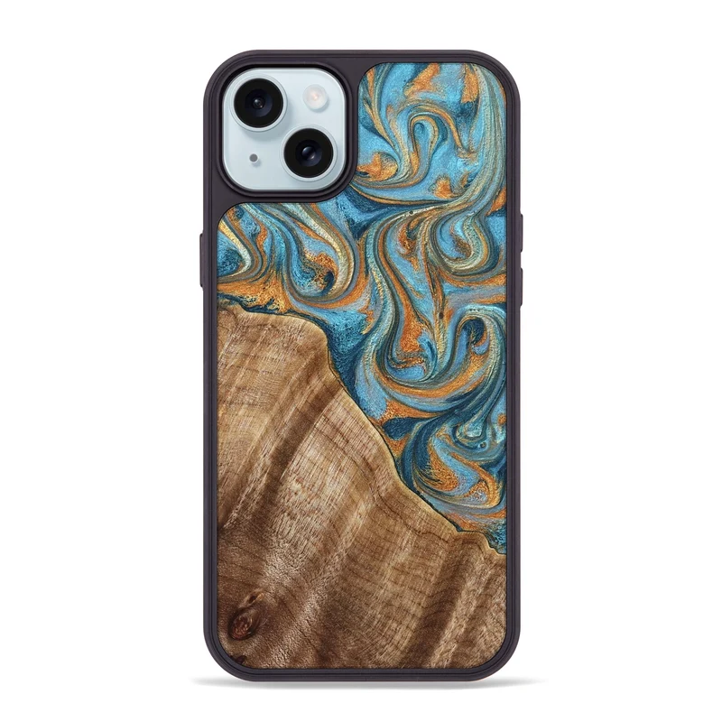 iPhone 15 Plus Wood Phone Case - Marylou (Teal & Gold, 829445)