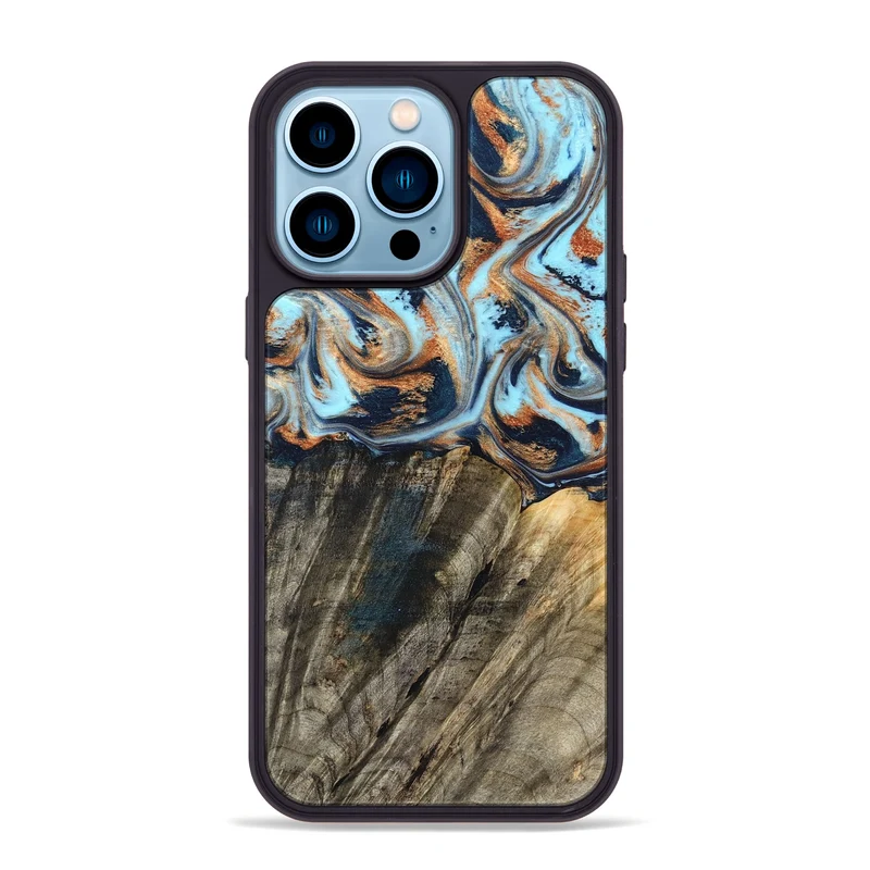 iPhone 14 Pro Max Wood Phone Case - Debra (Teal & Gold, 829443)