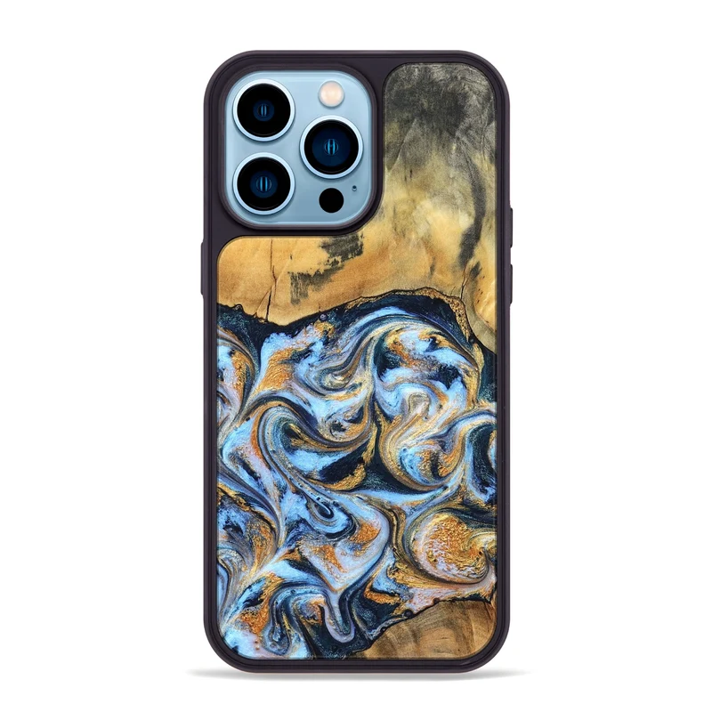 iPhone 14 Pro Max Wood Phone Case - Ellen (Teal & Gold, 829416)