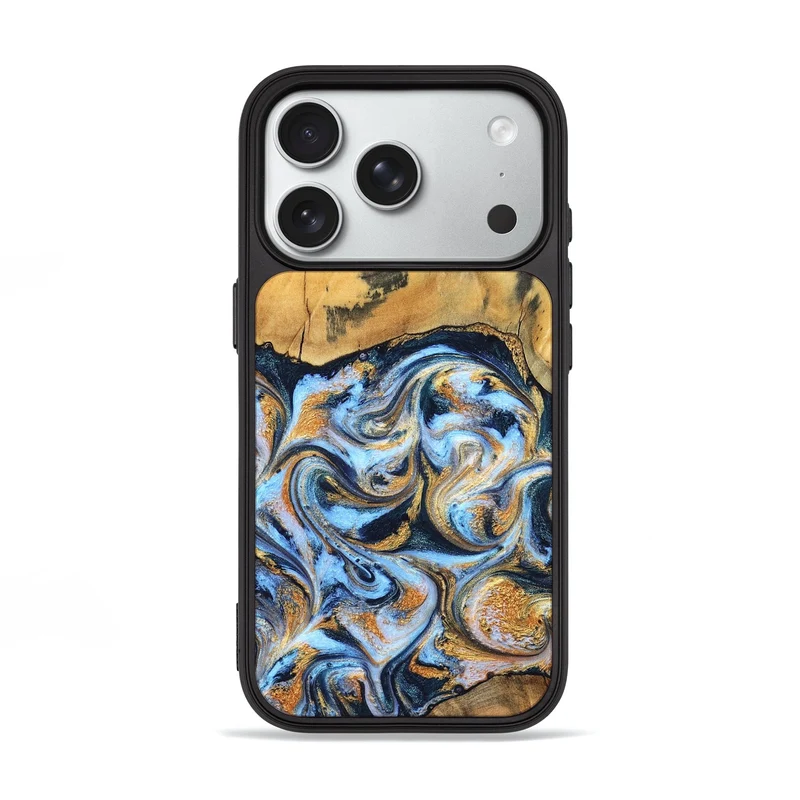 iPhone 18 Pro Wood Phone Case - Ellen (Teal & Gold, 829416)