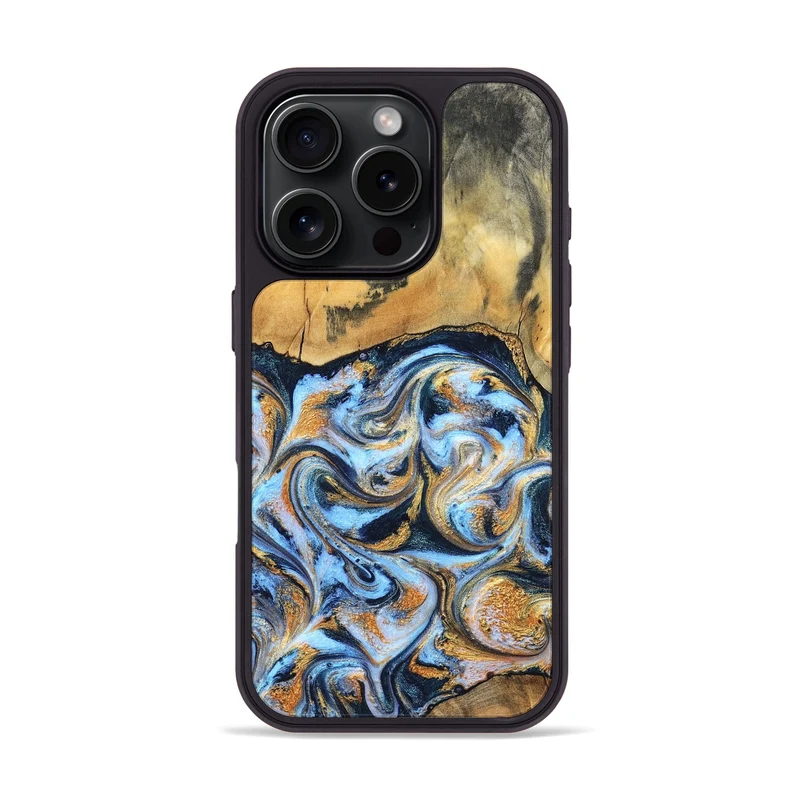 iPhone 16 Pro Wood Phone Case - Ellen (Teal & Gold, 829416)