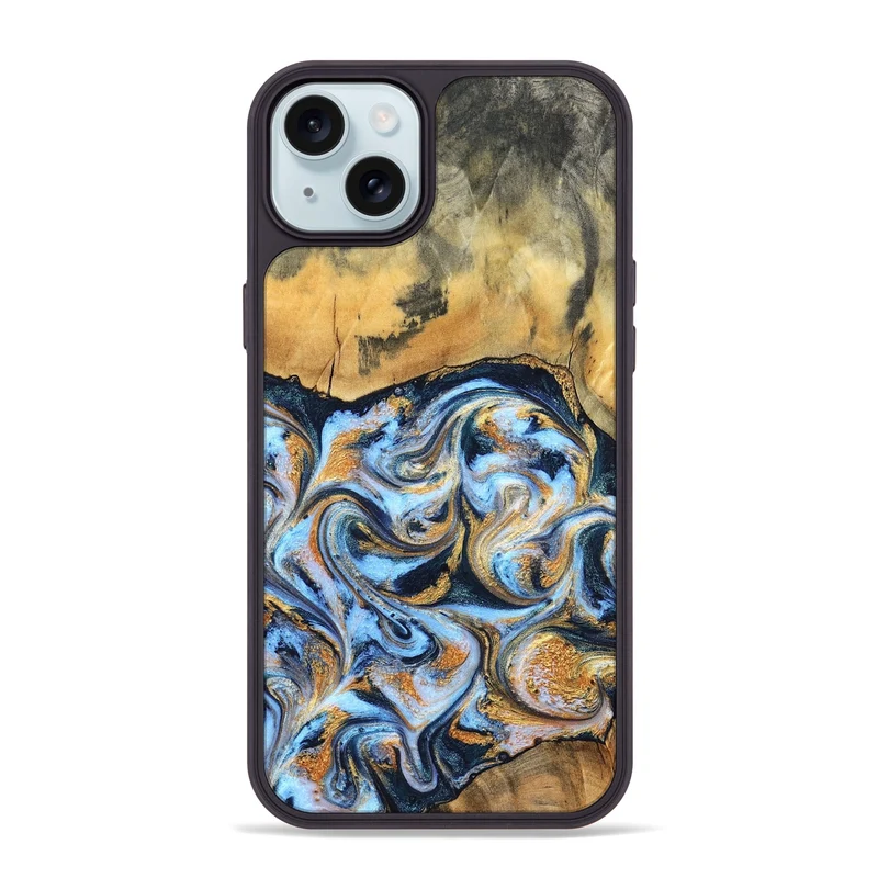 iPhone 15 Plus Wood Phone Case - Ellen (Teal & Gold, 829416)