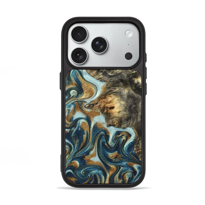 iPhone 18 Pro Wood Phone Case - Mikalah (Teal & Gold, 829413)