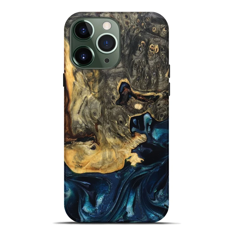 iPhone 13 Pro Max Wood Live Edge Phone Case - Khloe (Teal & Gold, 830243)
