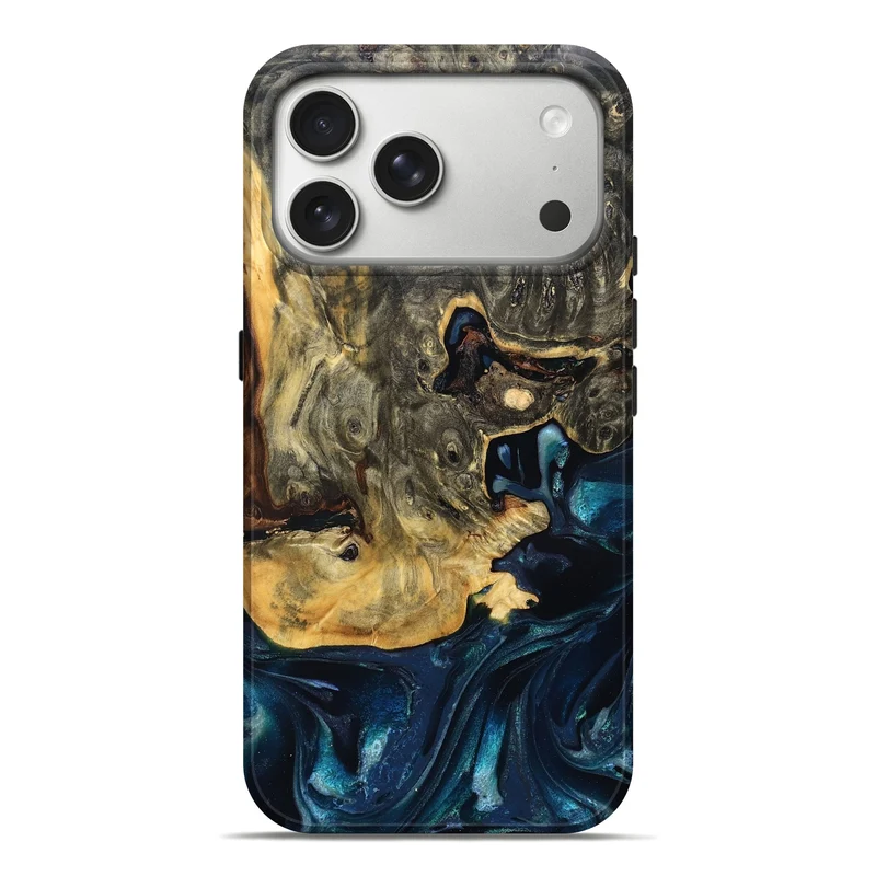 iPhone 17 Pro Max Wood Live Edge Phone Case - Khloe (Teal & Gold, 830243)