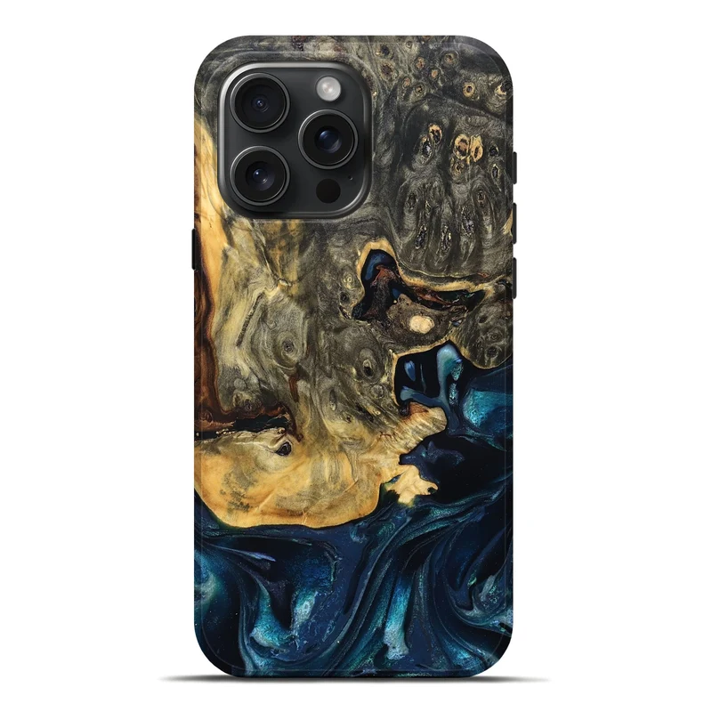 iPhone 16 Pro Max Wood Live Edge Phone Case - Khloe (Teal & Gold, 830243)