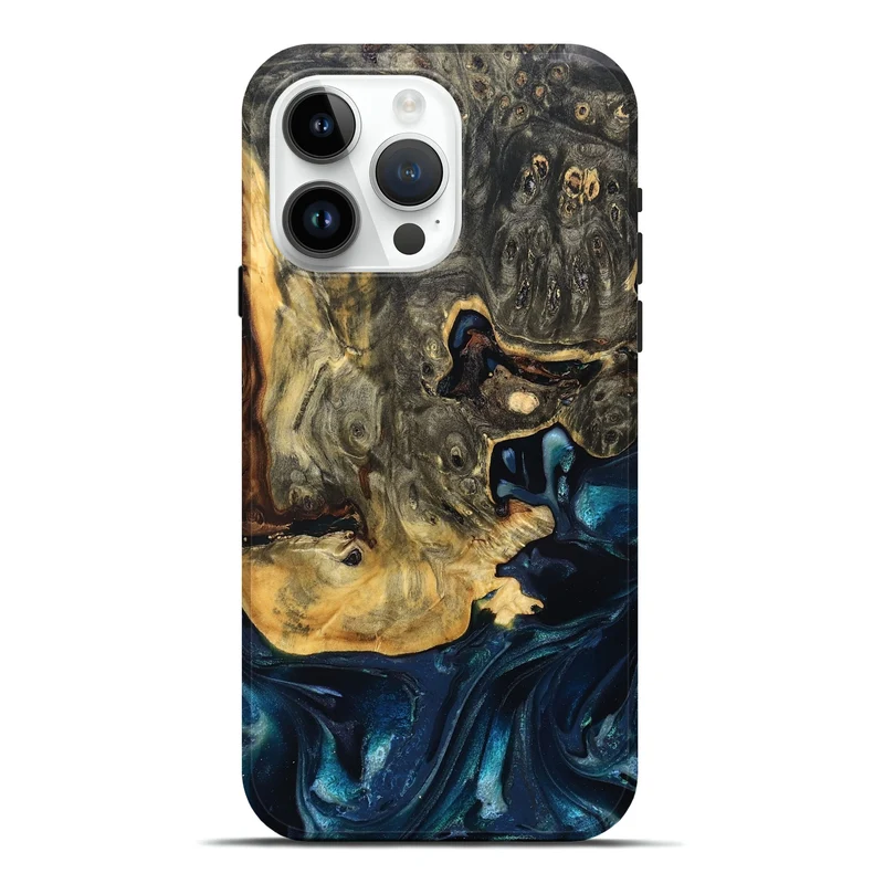 iPhone 15 Pro Max Wood Live Edge Phone Case - Khloe (Teal & Gold, 830243)