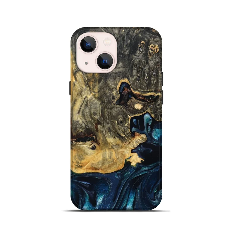 iPhone 13 mini Wood Live Edge Phone Case - Khloe (Teal & Gold, 830243)