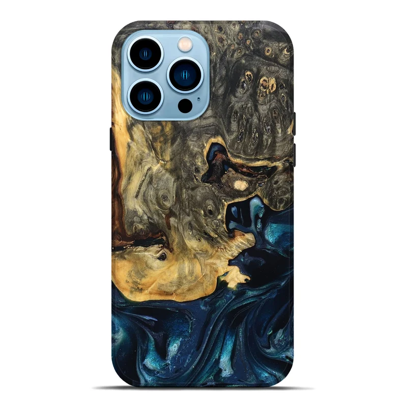 iPhone 14 Pro Max Wood Live Edge Phone Case - Khloe (Teal & Gold, 830243)