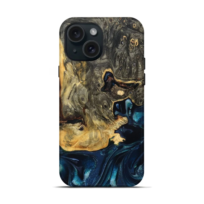 iPhone 15 Wood Live Edge Phone Case - Khloe (Teal & Gold, 830243)