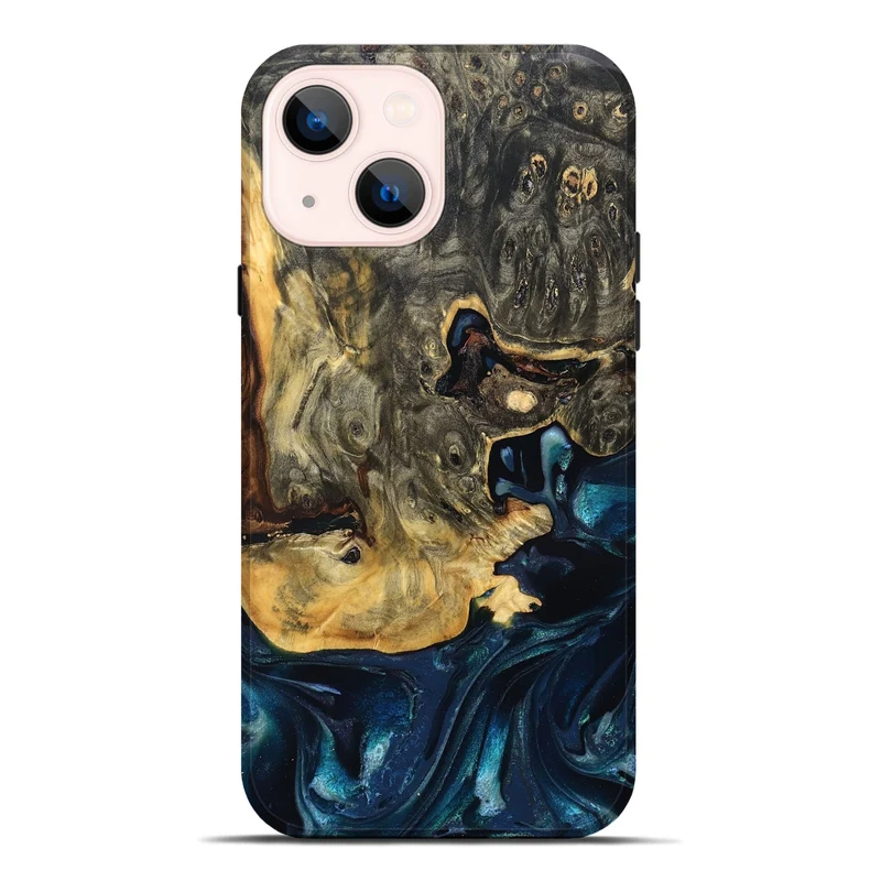 iPhone 14 Plus Wood Live Edge Phone Case - Khloe (Teal & Gold, 830243)