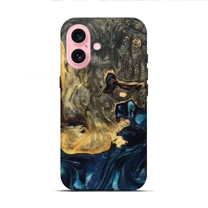 iPhone 16 Wood Live Edge Phone Case - Khloe (Teal & Gold, 830243)